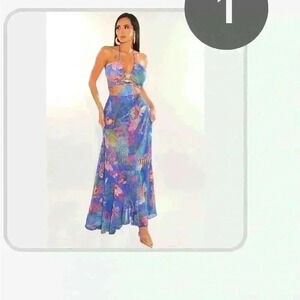 Royal Blue Tropical Print Padded Cut-Out Mermaid Maxi Dress.